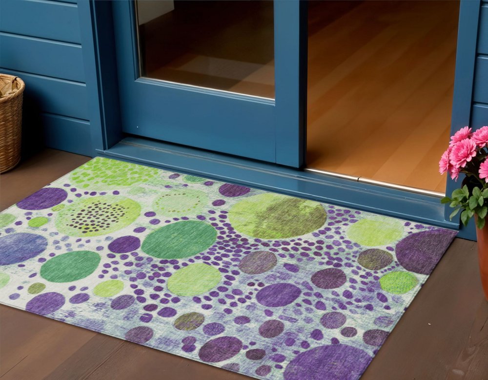 3' X 5' Purple Green And Ivory Geometric Washable Indoor Outdoor Area Rug