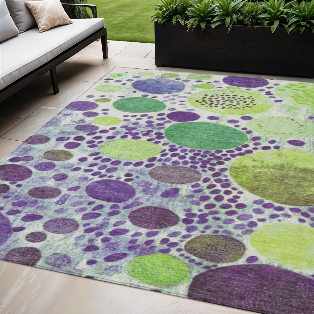 3' X 5' Purple Green And Ivory Geometric Washable Indoor Outdoor Area Rug