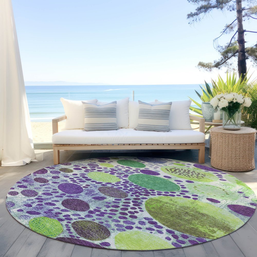3' X 5' Purple Green And Ivory Geometric Washable Indoor Outdoor Area Rug