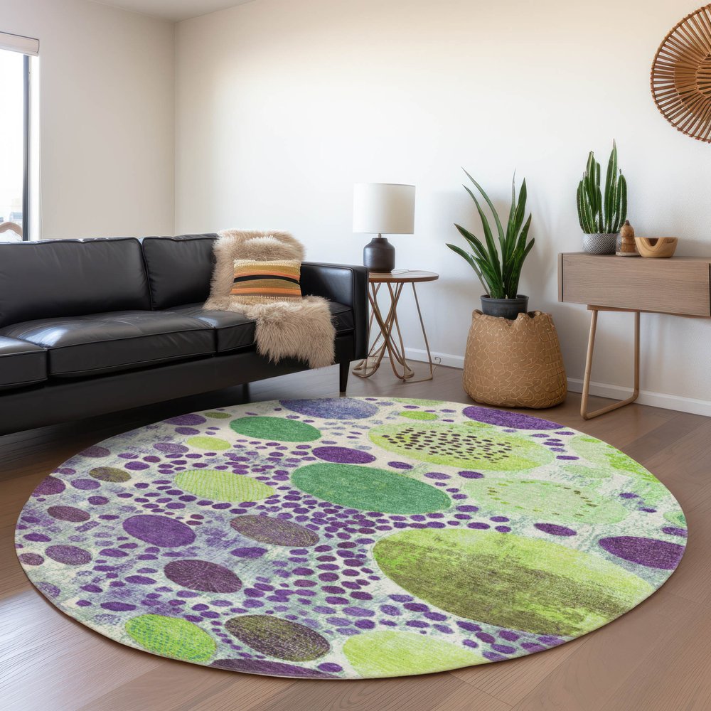 3' X 5' Purple Green And Ivory Geometric Washable Indoor Outdoor Area Rug