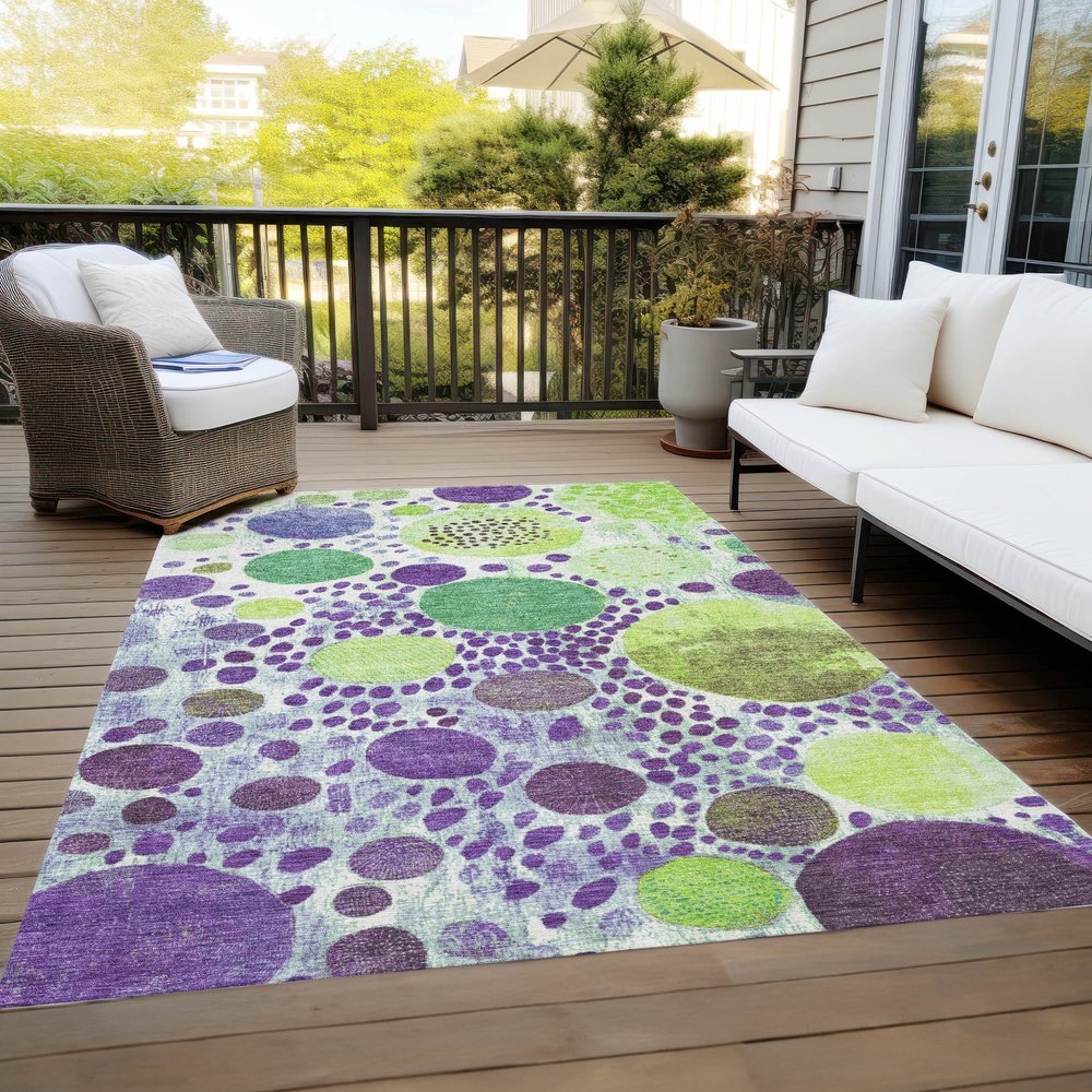3' X 5' Purple Green And Ivory Geometric Washable Indoor Outdoor Area Rug