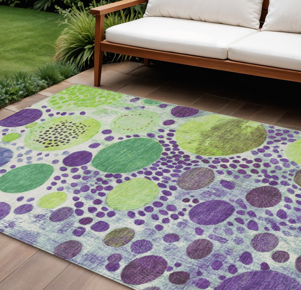 3' X 5' Purple Green And Ivory Geometric Washable Indoor Outdoor Area Rug