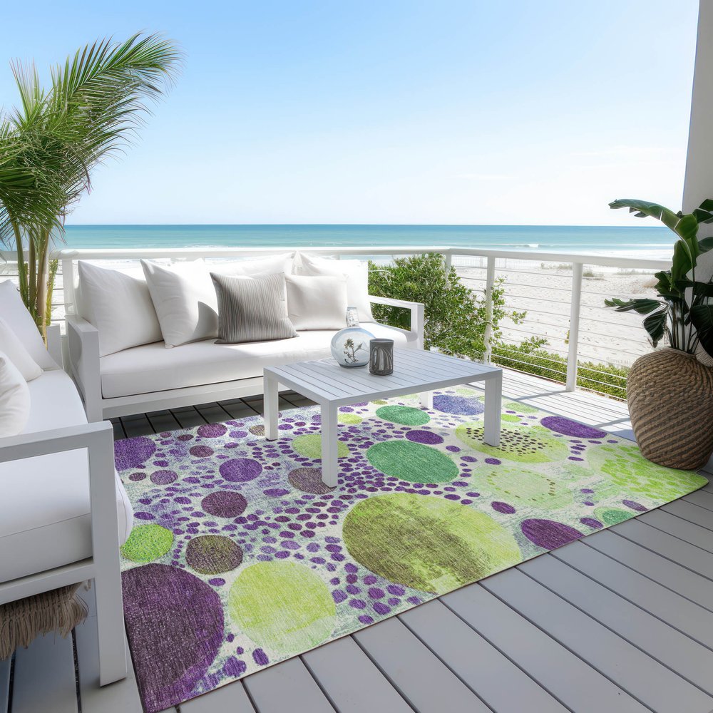3' X 5' Purple Green And Ivory Geometric Washable Indoor Outdoor Area Rug
