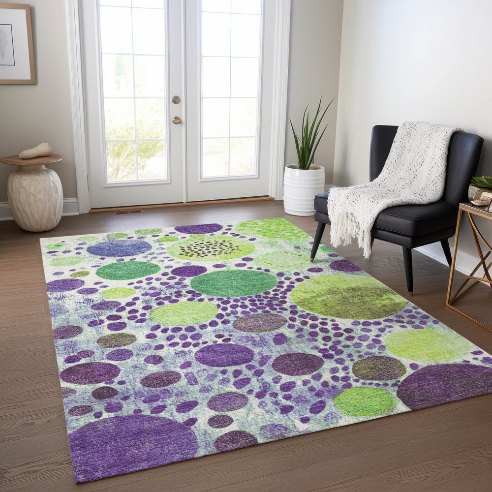 3' X 5' Purple Green And Ivory Geometric Washable Indoor Outdoor Area Rug