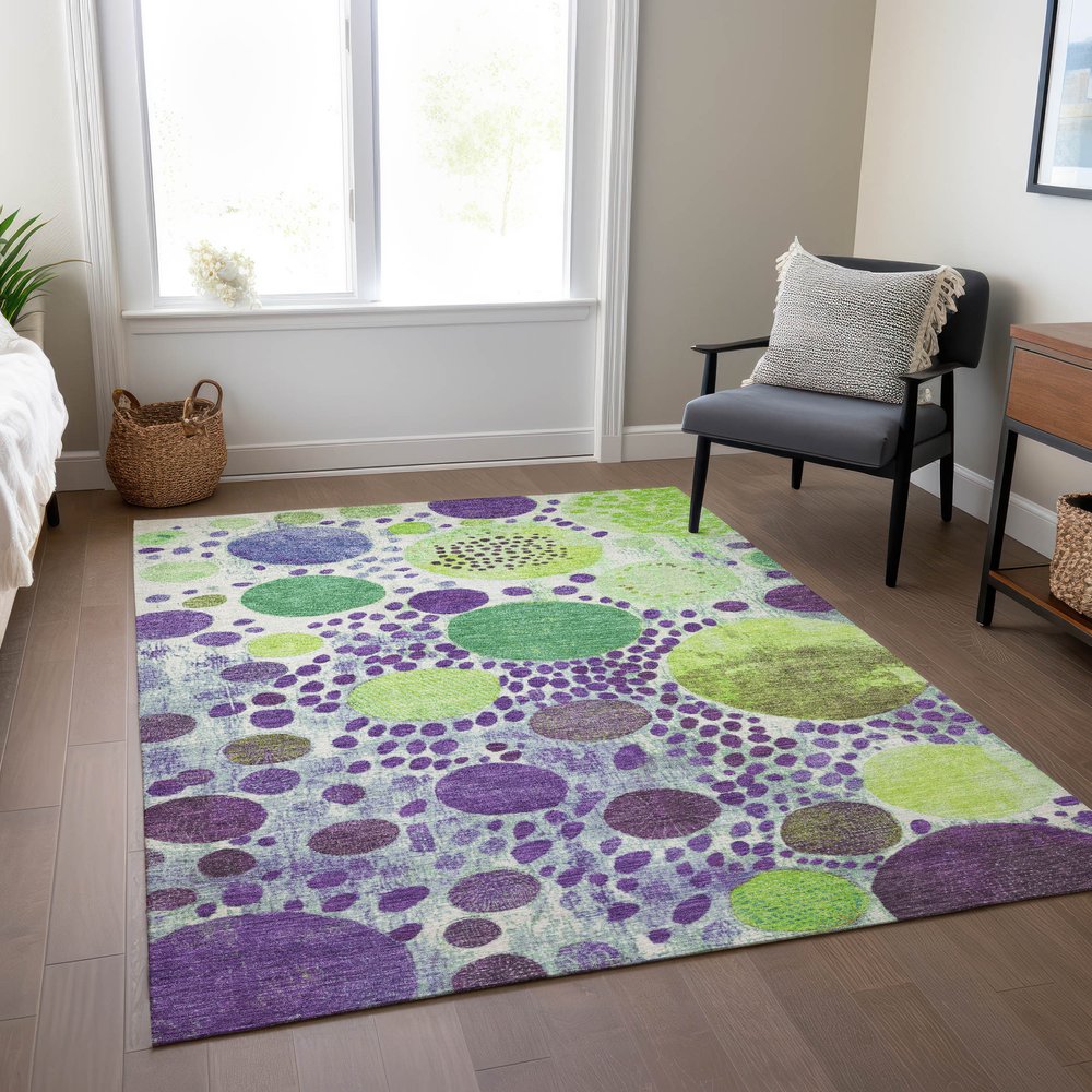 3' X 5' Purple Green And Ivory Geometric Washable Indoor Outdoor Area Rug