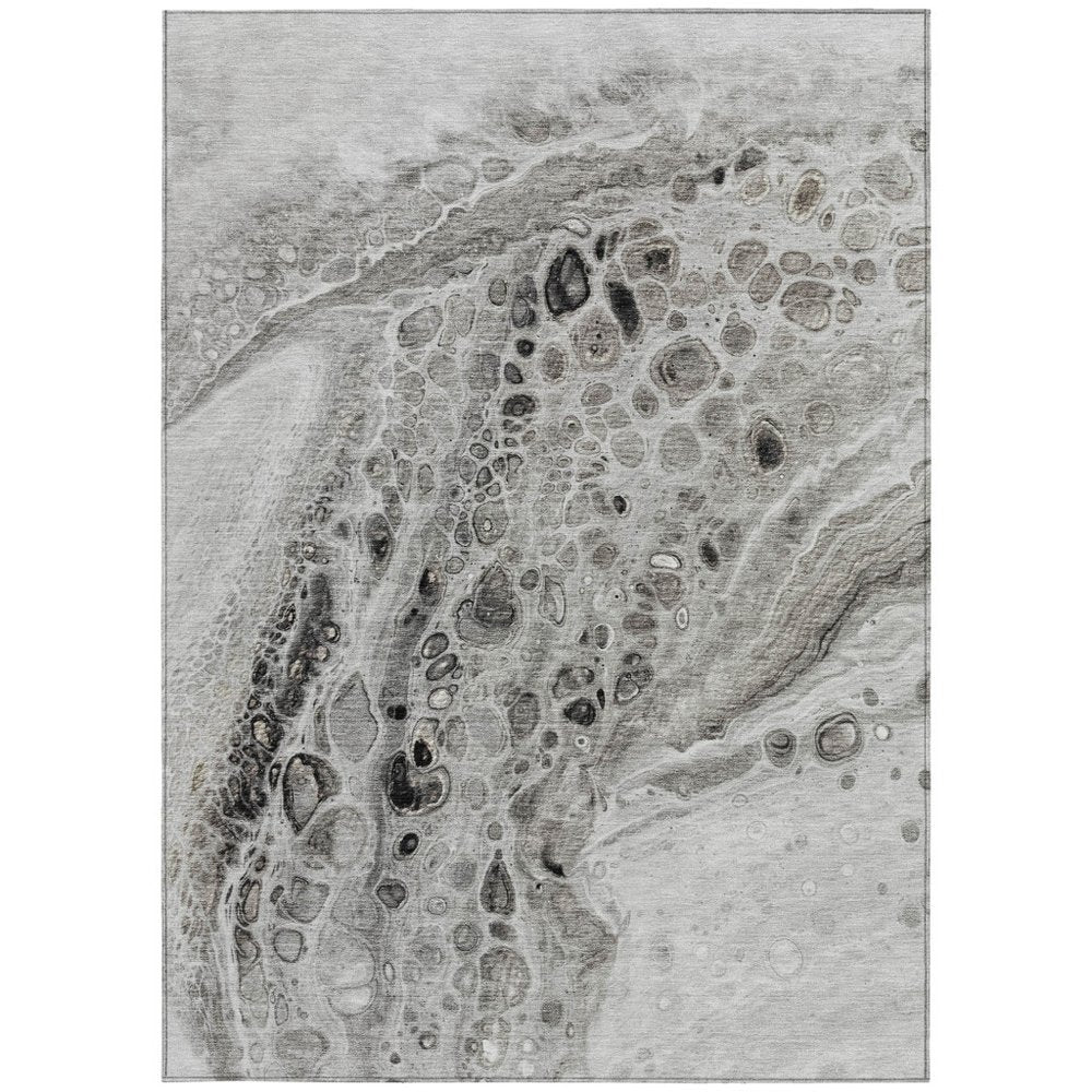 3' X 5' Pewter Gray And Silver Abstract Washable Indoor Outdoor Area Rug