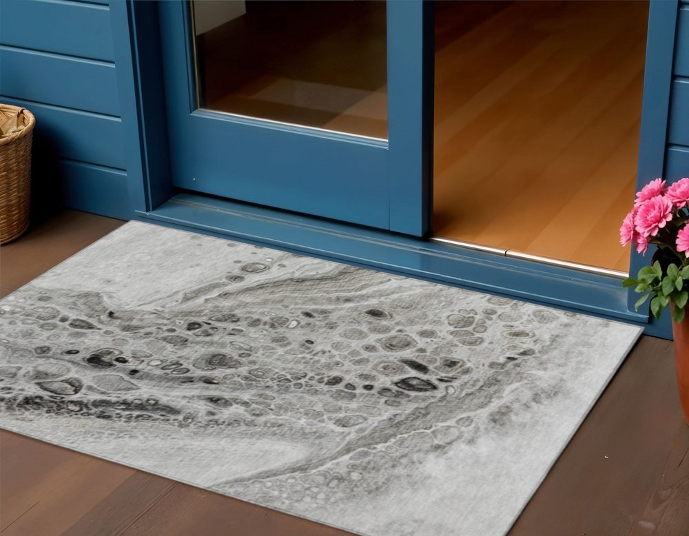 3' X 5' Pewter Gray And Silver Abstract Washable Indoor Outdoor Area Rug