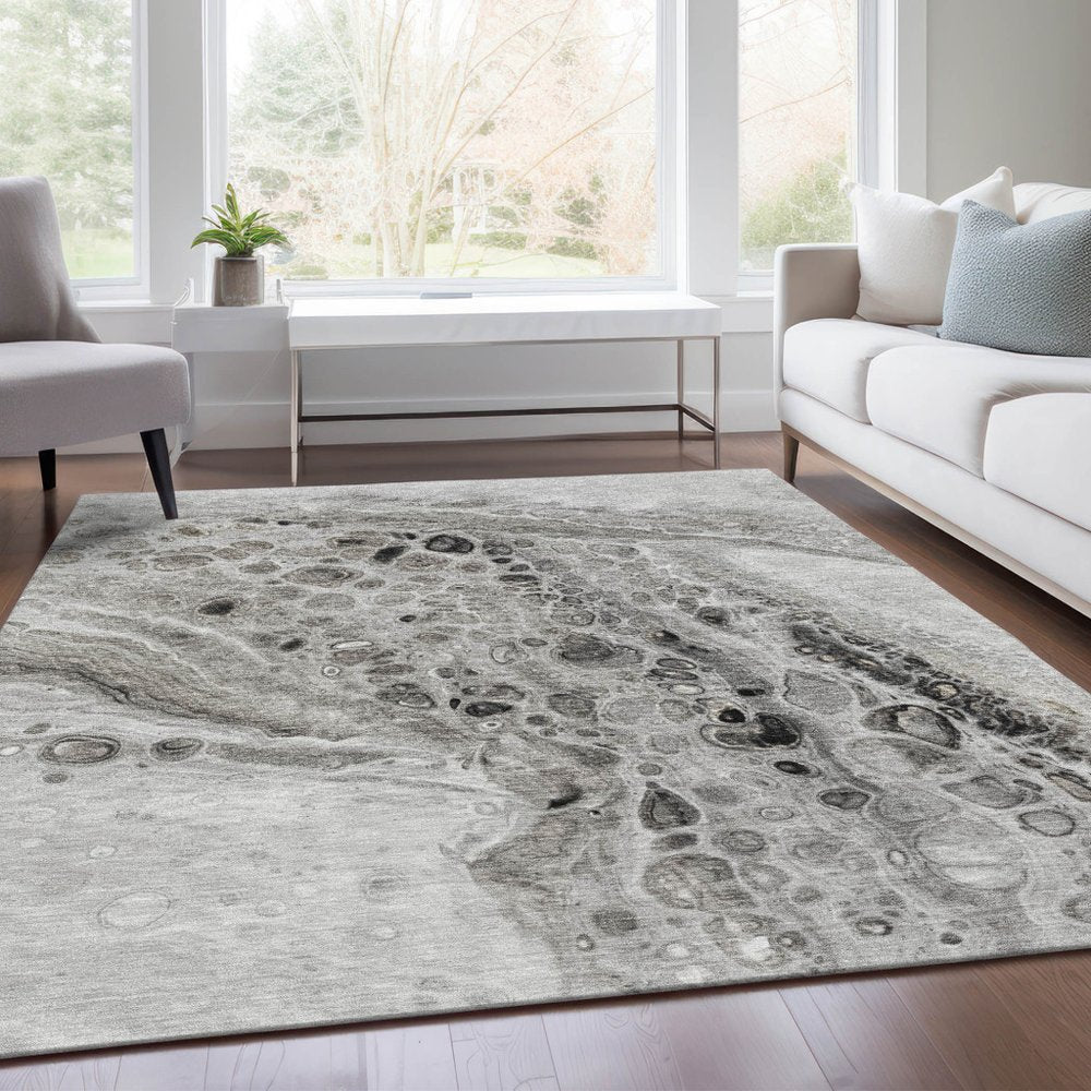 3' X 5' Pewter Gray And Silver Abstract Washable Indoor Outdoor Area Rug