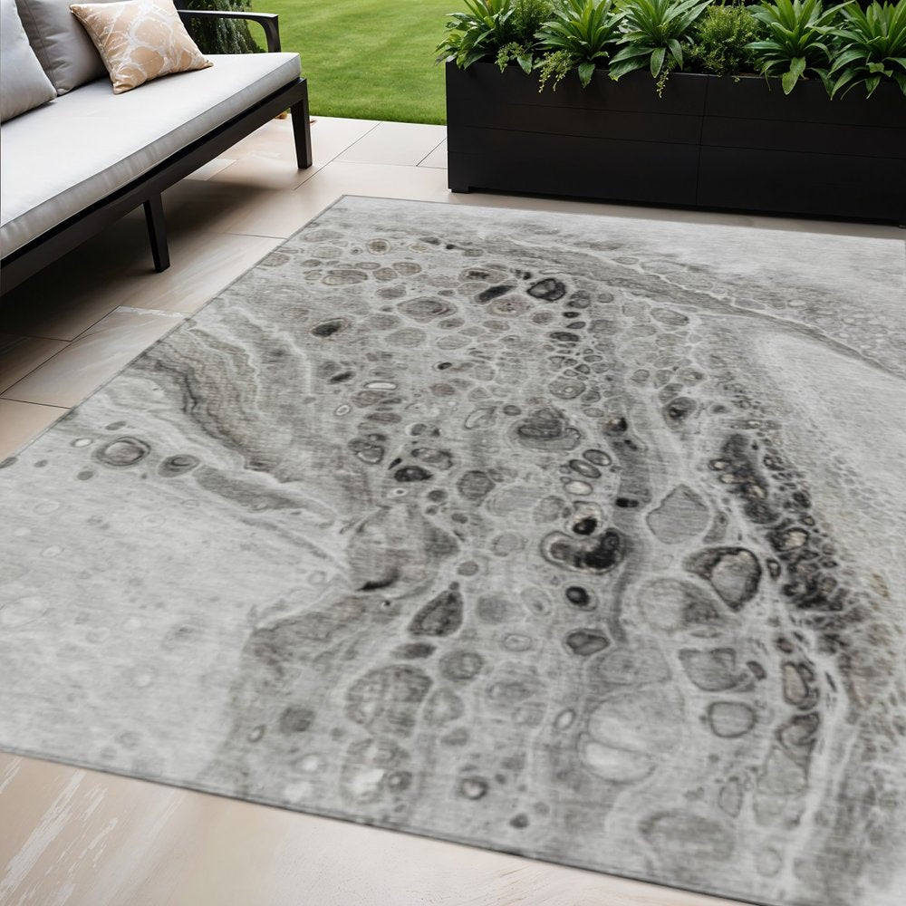 3' X 5' Pewter Gray And Silver Abstract Washable Indoor Outdoor Area Rug