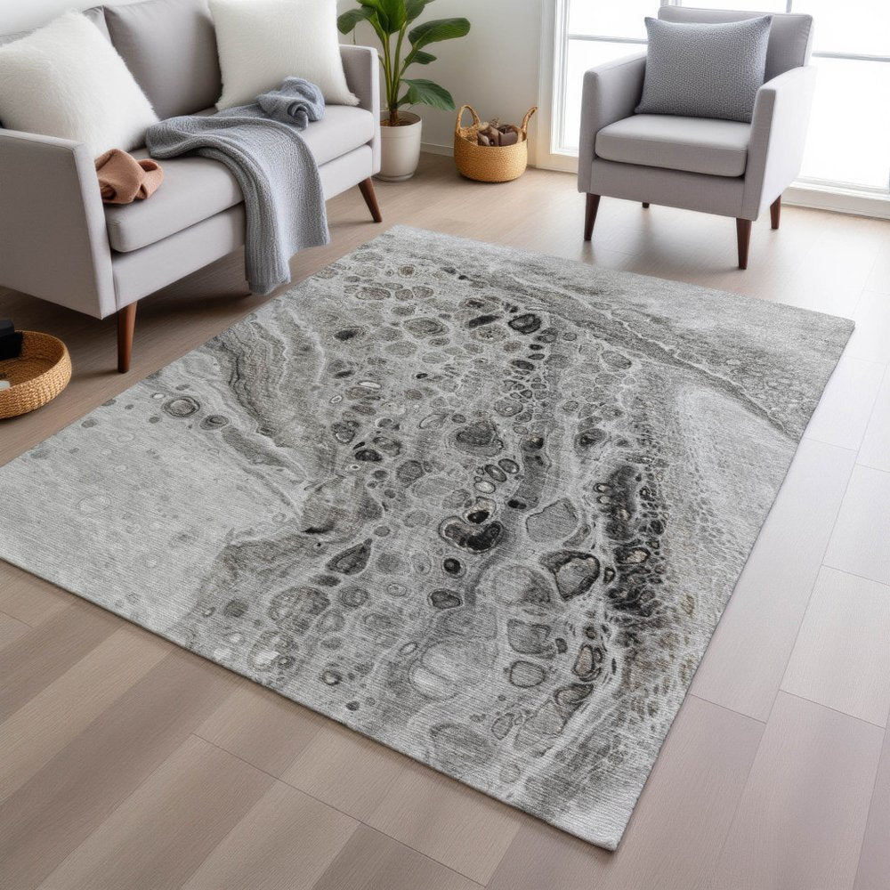3' X 5' Pewter Gray And Silver Abstract Washable Indoor Outdoor Area Rug