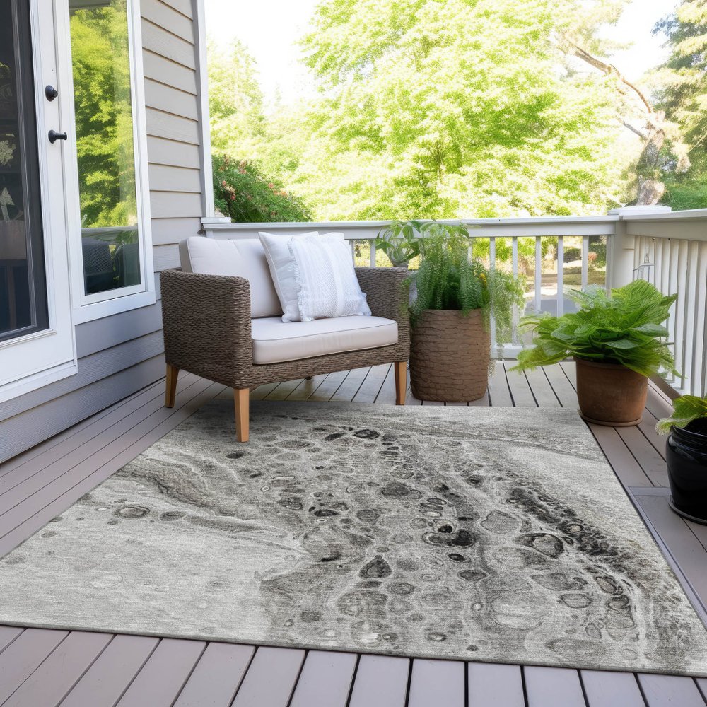 3' X 5' Pewter Gray And Silver Abstract Washable Indoor Outdoor Area Rug