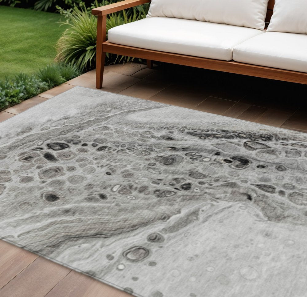 3' X 5' Pewter Gray And Silver Abstract Washable Indoor Outdoor Area Rug