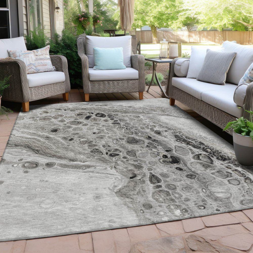 3' X 5' Pewter Gray And Silver Abstract Washable Indoor Outdoor Area Rug