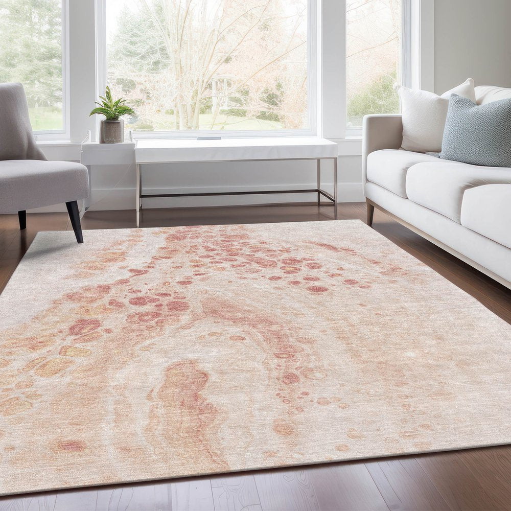 3' X 5' Salmon And Ivory Abstract Washable Indoor Outdoor Area Rug