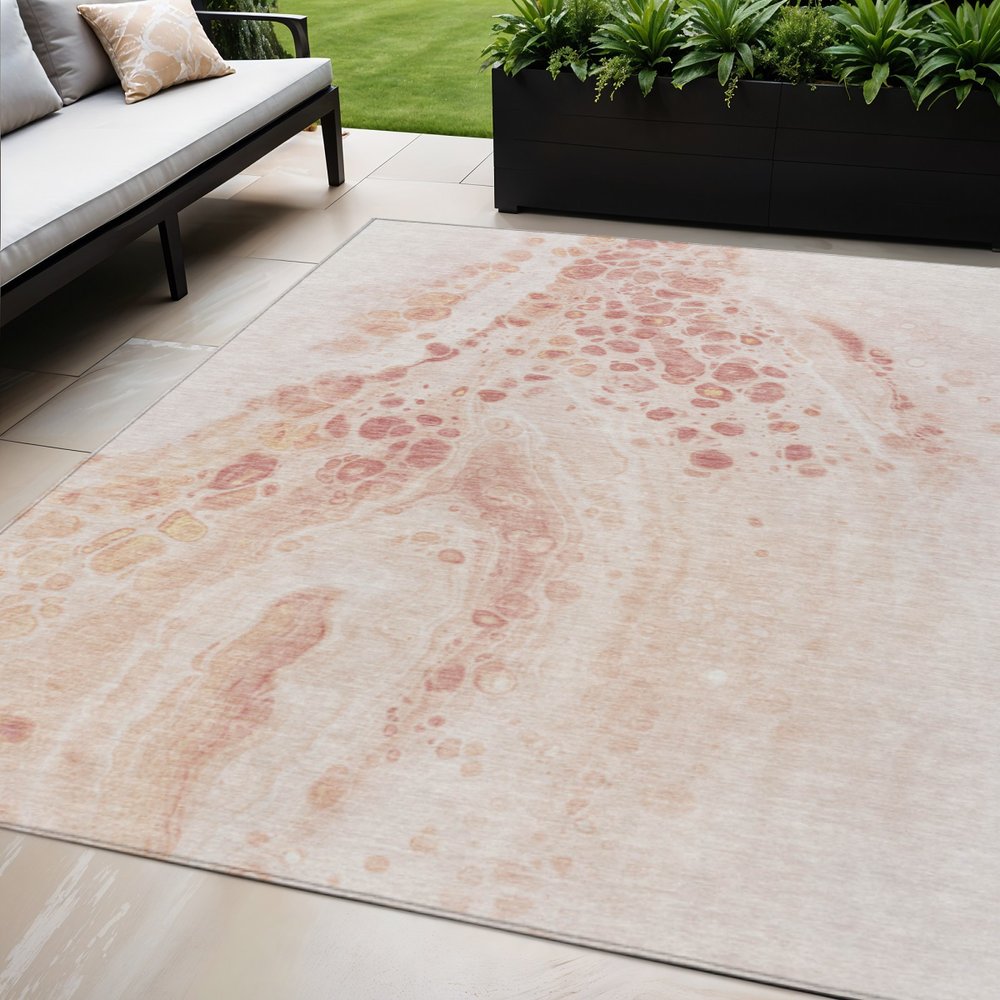 3' X 5' Salmon And Ivory Abstract Washable Indoor Outdoor Area Rug