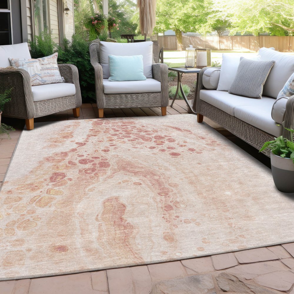 3' X 5' Salmon And Ivory Abstract Washable Indoor Outdoor Area Rug