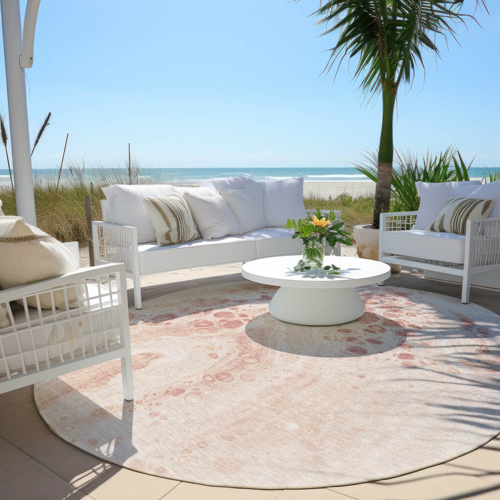 3' X 5' Salmon And Ivory Abstract Washable Indoor Outdoor Area Rug