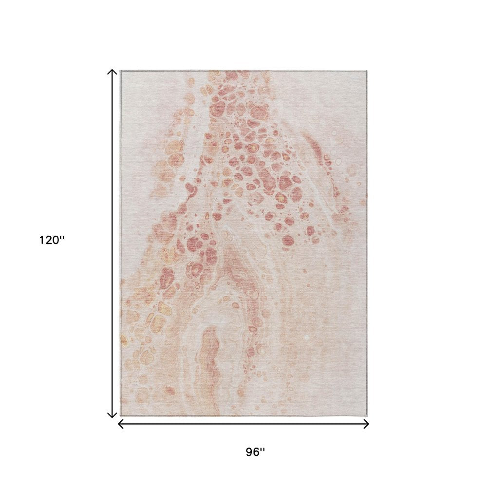 3' X 5' Salmon And Ivory Abstract Washable Indoor Outdoor Area Rug