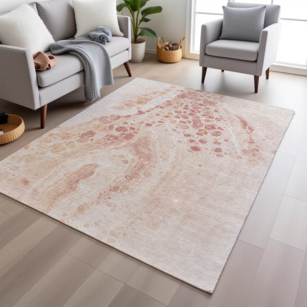 3' X 5' Salmon And Ivory Abstract Washable Indoor Outdoor Area Rug
