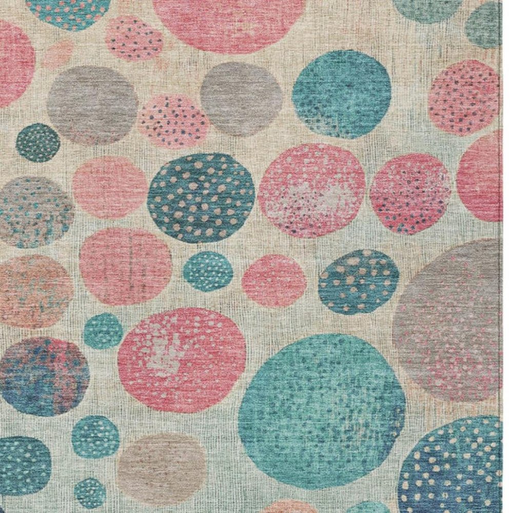 3' X 5' Teal Blue And Blush Geometric Washable Indoor Outdoor Area Rug