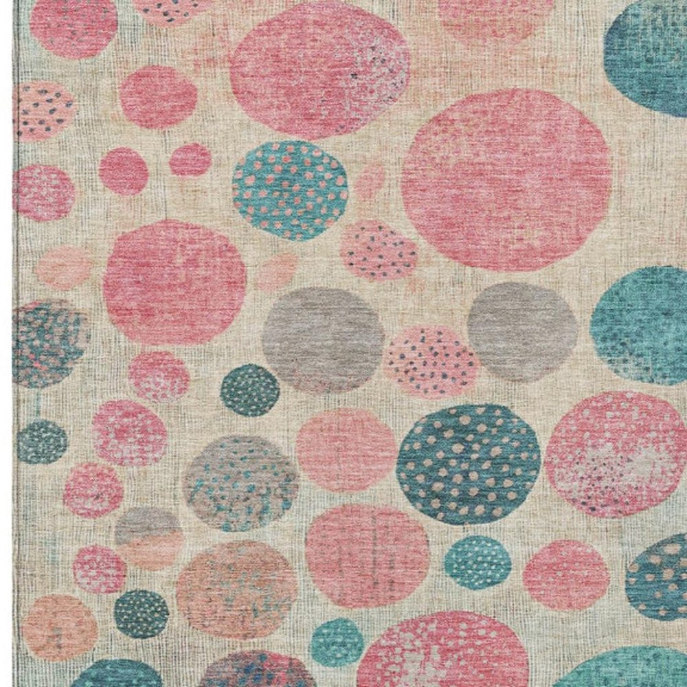 3' X 5' Teal Blue And Blush Geometric Washable Indoor Outdoor Area Rug