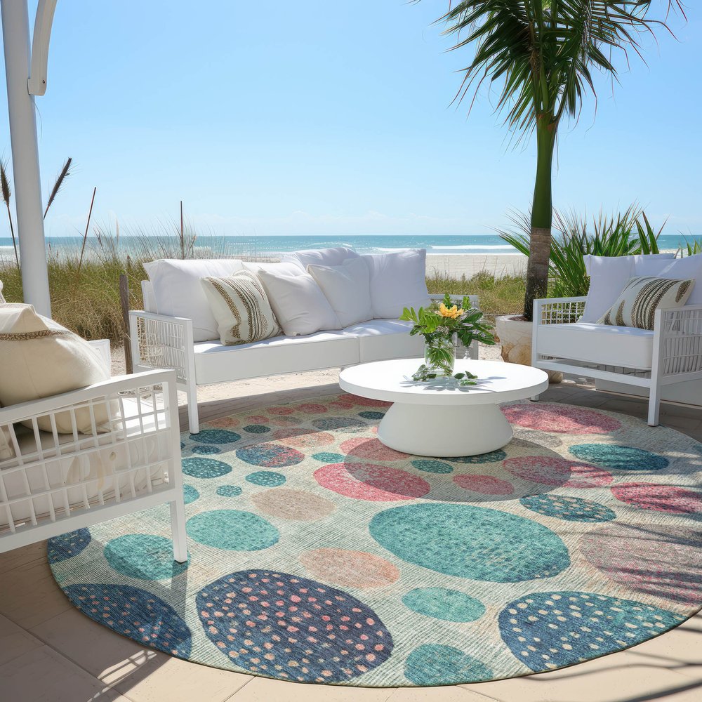 3' X 5' Teal Blue And Blush Geometric Washable Indoor Outdoor Area Rug