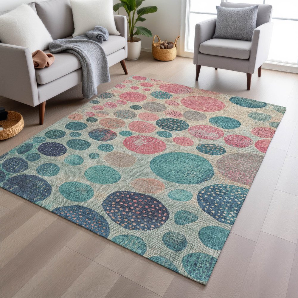 3' X 5' Teal Blue And Blush Geometric Washable Indoor Outdoor Area Rug