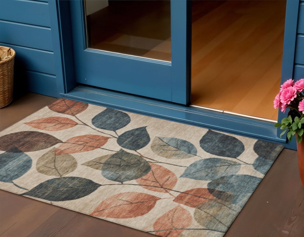 3' X 5' Beige Copper And Denim Blue Floral Washable Indoor Outdoor Area Rug