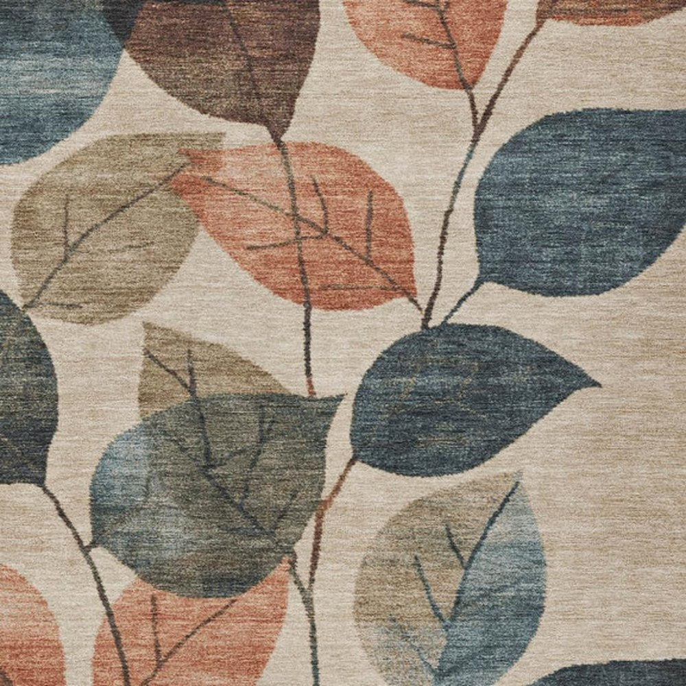 3' X 5' Beige Copper And Denim Blue Floral Washable Indoor Outdoor Area Rug