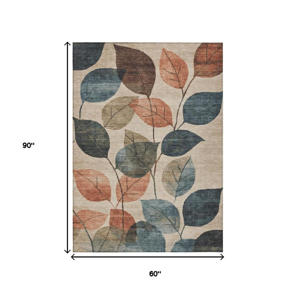 3' X 5' Beige Copper And Denim Blue Floral Washable Indoor Outdoor Area Rug