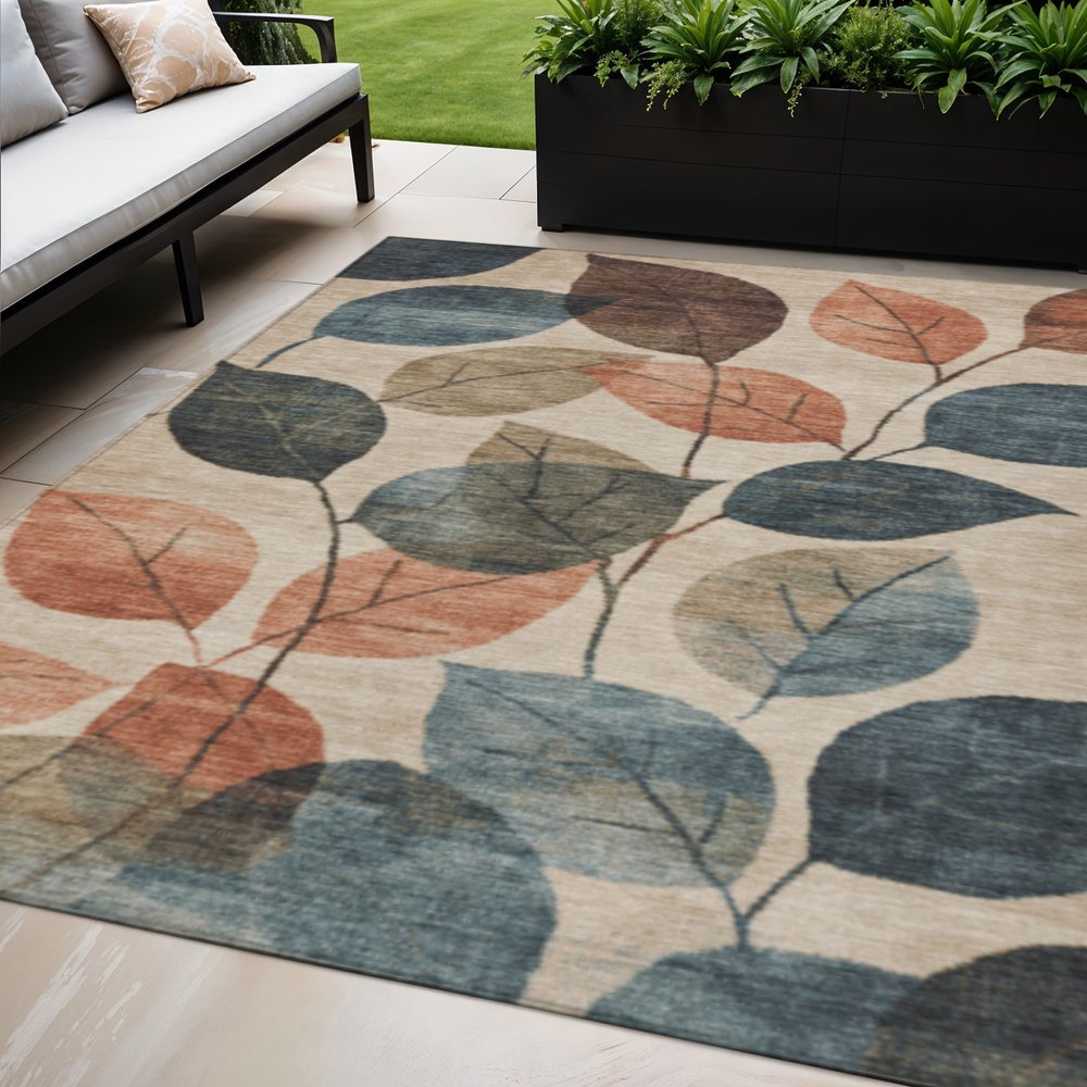 3' X 5' Beige Copper And Denim Blue Floral Washable Indoor Outdoor Area Rug