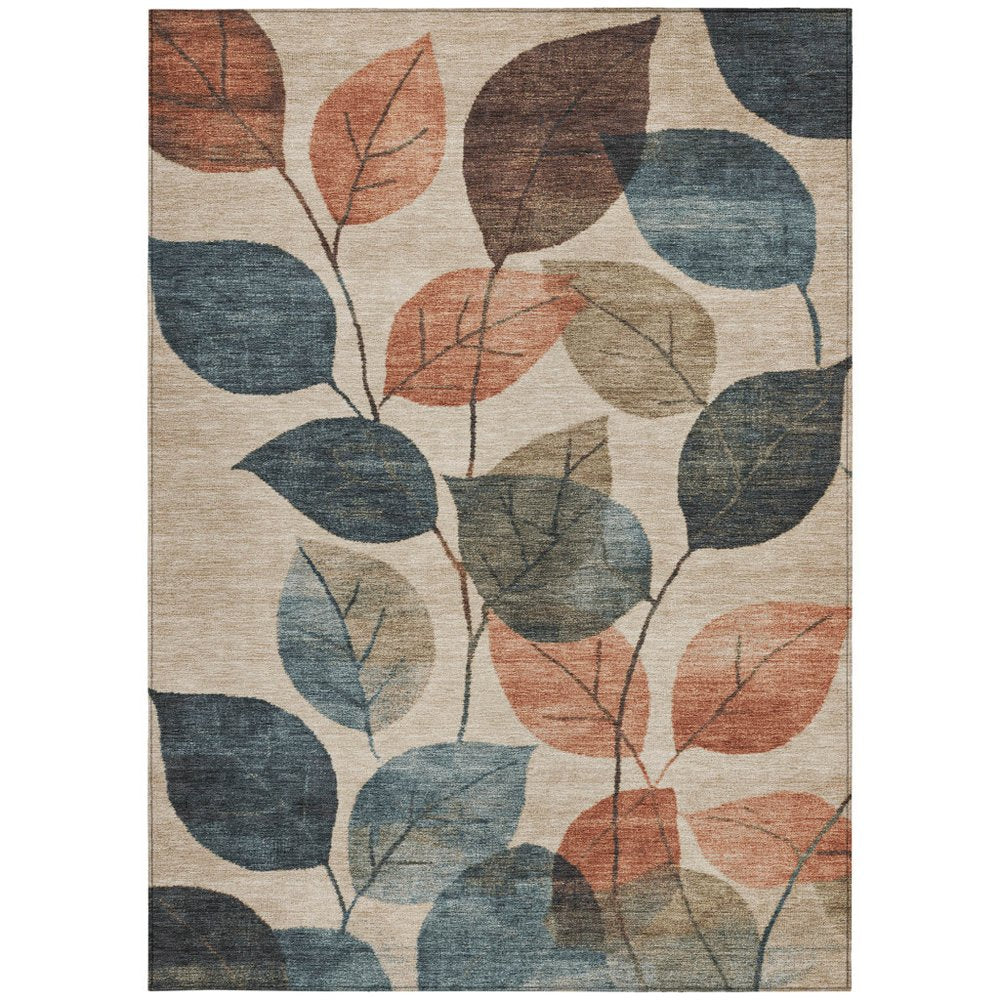 3' X 5' Beige Copper And Denim Blue Floral Washable Indoor Outdoor Area Rug