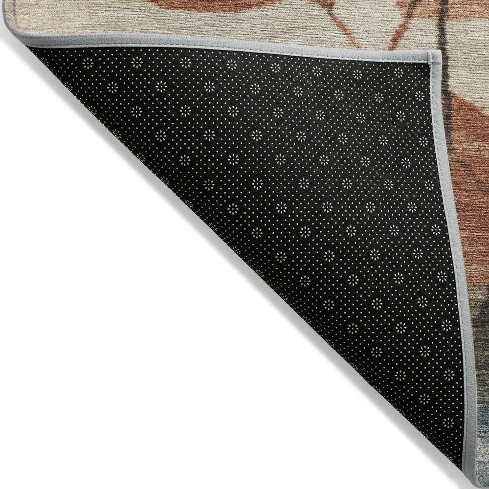 3' X 5' Beige Copper And Denim Blue Floral Washable Indoor Outdoor Area Rug