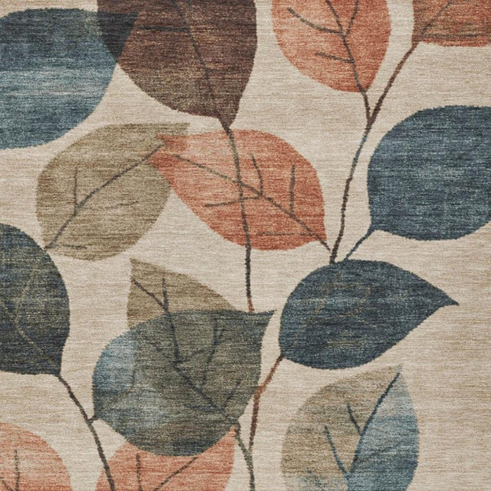 3' X 5' Beige Copper And Denim Blue Floral Washable Indoor Outdoor Area Rug