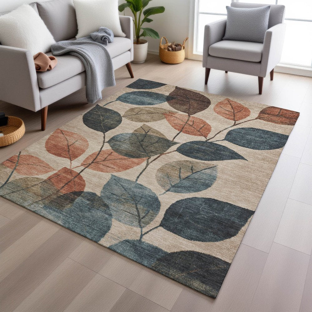 3' X 5' Beige Copper And Denim Blue Floral Washable Indoor Outdoor Area Rug