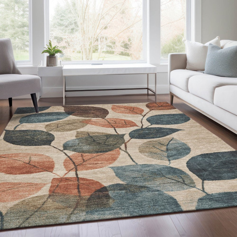 3' X 5' Beige Copper And Denim Blue Floral Washable Indoor Outdoor Area Rug