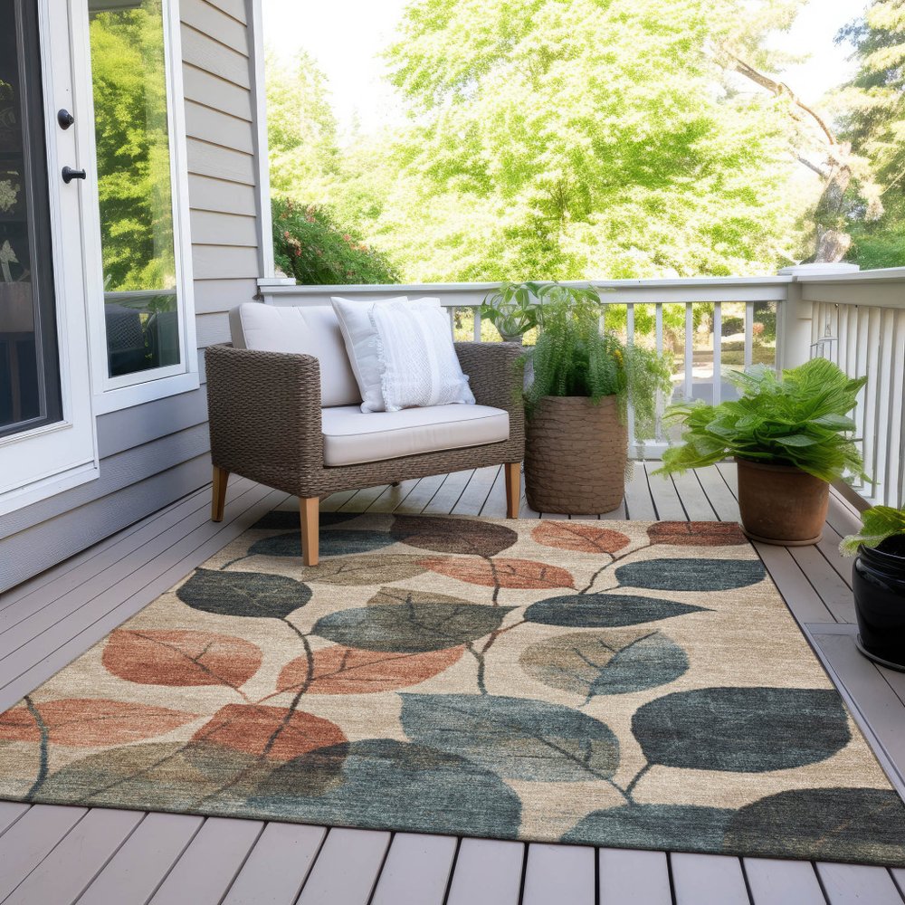 3' X 5' Beige Copper And Denim Blue Floral Washable Indoor Outdoor Area Rug