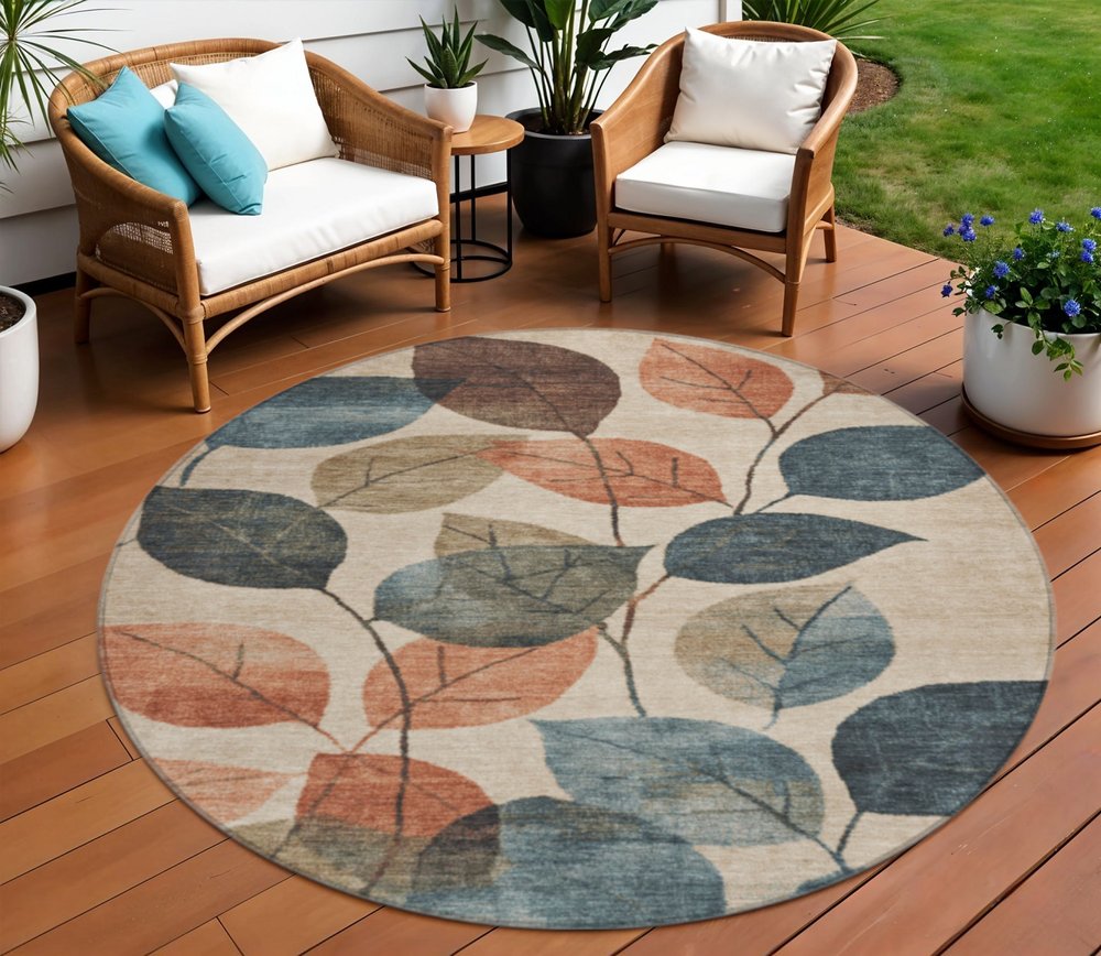 3' X 5' Beige Copper And Denim Blue Floral Washable Indoor Outdoor Area Rug