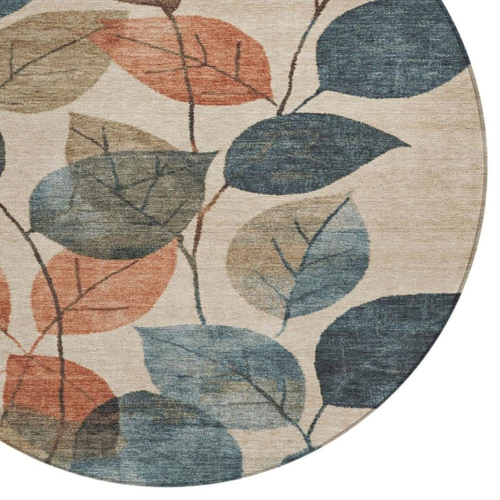 3' X 5' Beige Copper And Denim Blue Floral Washable Indoor Outdoor Area Rug