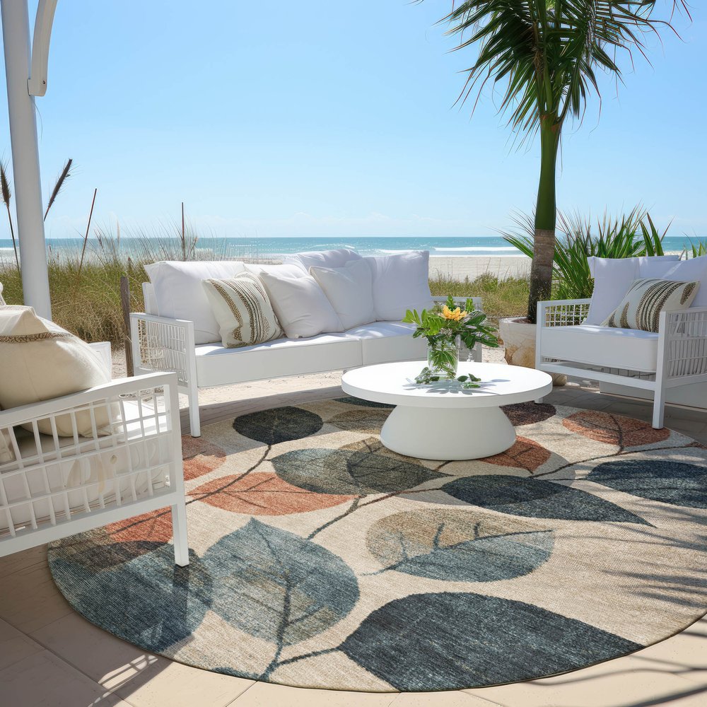 3' X 5' Beige Copper And Denim Blue Floral Washable Indoor Outdoor Area Rug