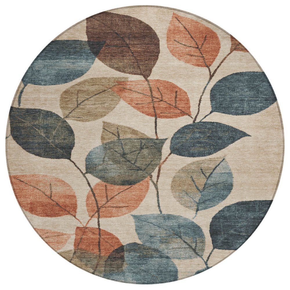 3' X 5' Beige Copper And Denim Blue Floral Washable Indoor Outdoor Area Rug