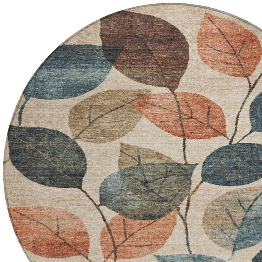 3' X 5' Beige Copper And Denim Blue Floral Washable Indoor Outdoor Area Rug