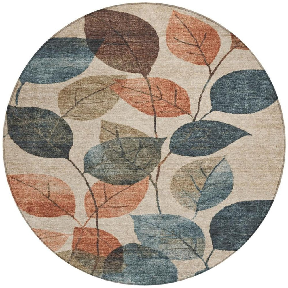 3' X 5' Beige Copper And Denim Blue Floral Washable Indoor Outdoor Area Rug