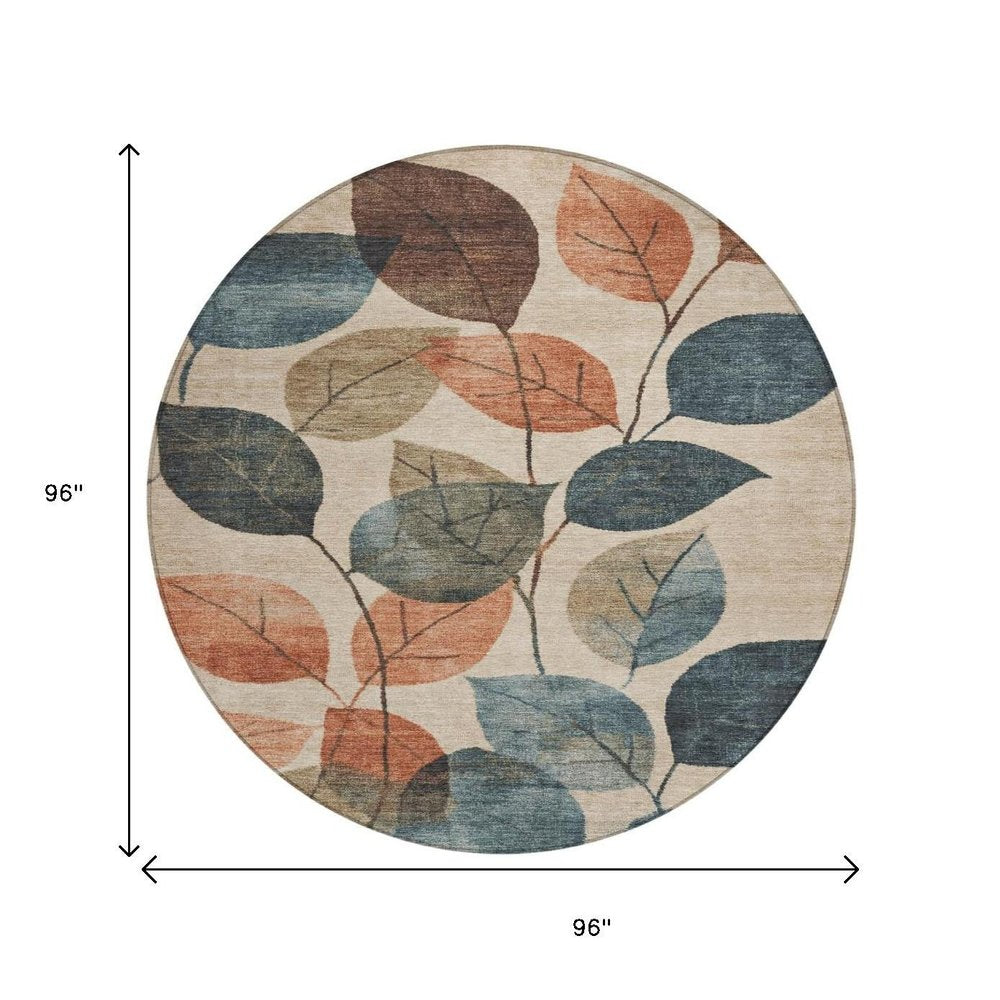 3' X 5' Beige Copper And Denim Blue Floral Washable Indoor Outdoor Area Rug