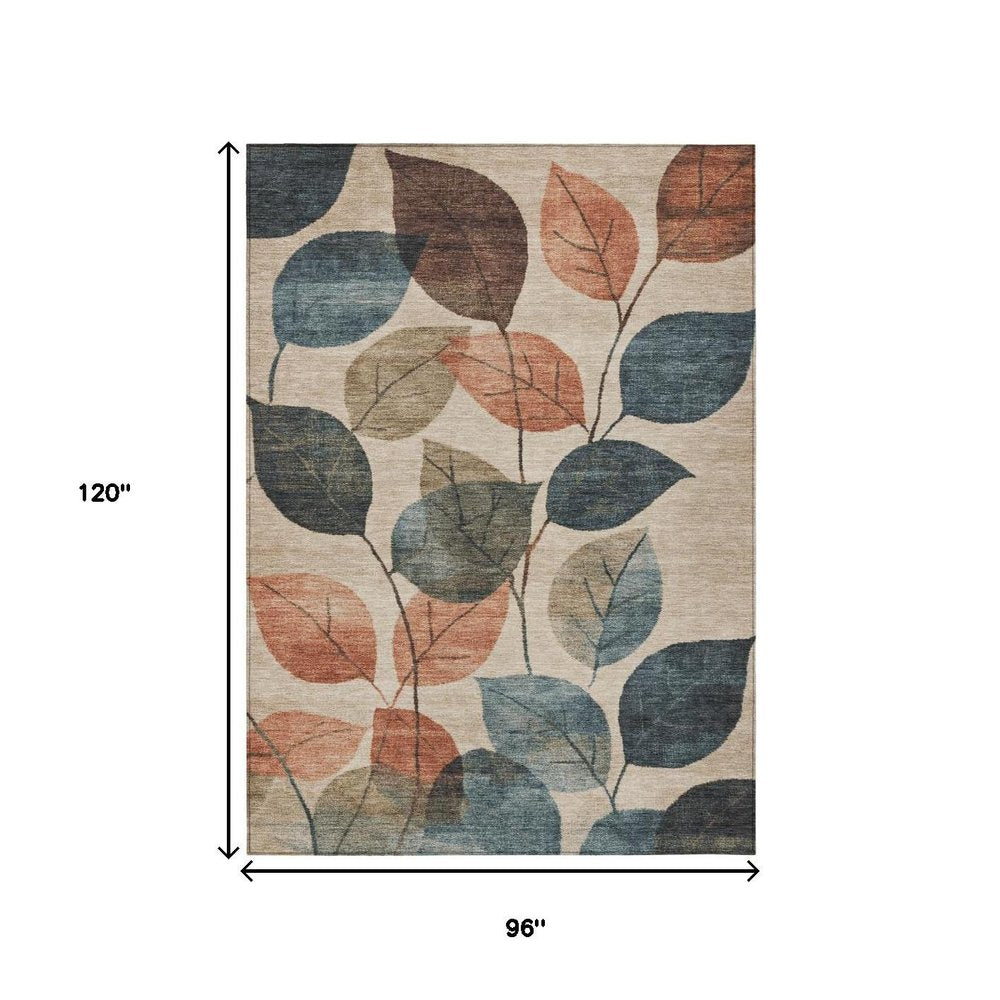 3' X 5' Beige Copper And Denim Blue Floral Washable Indoor Outdoor Area Rug
