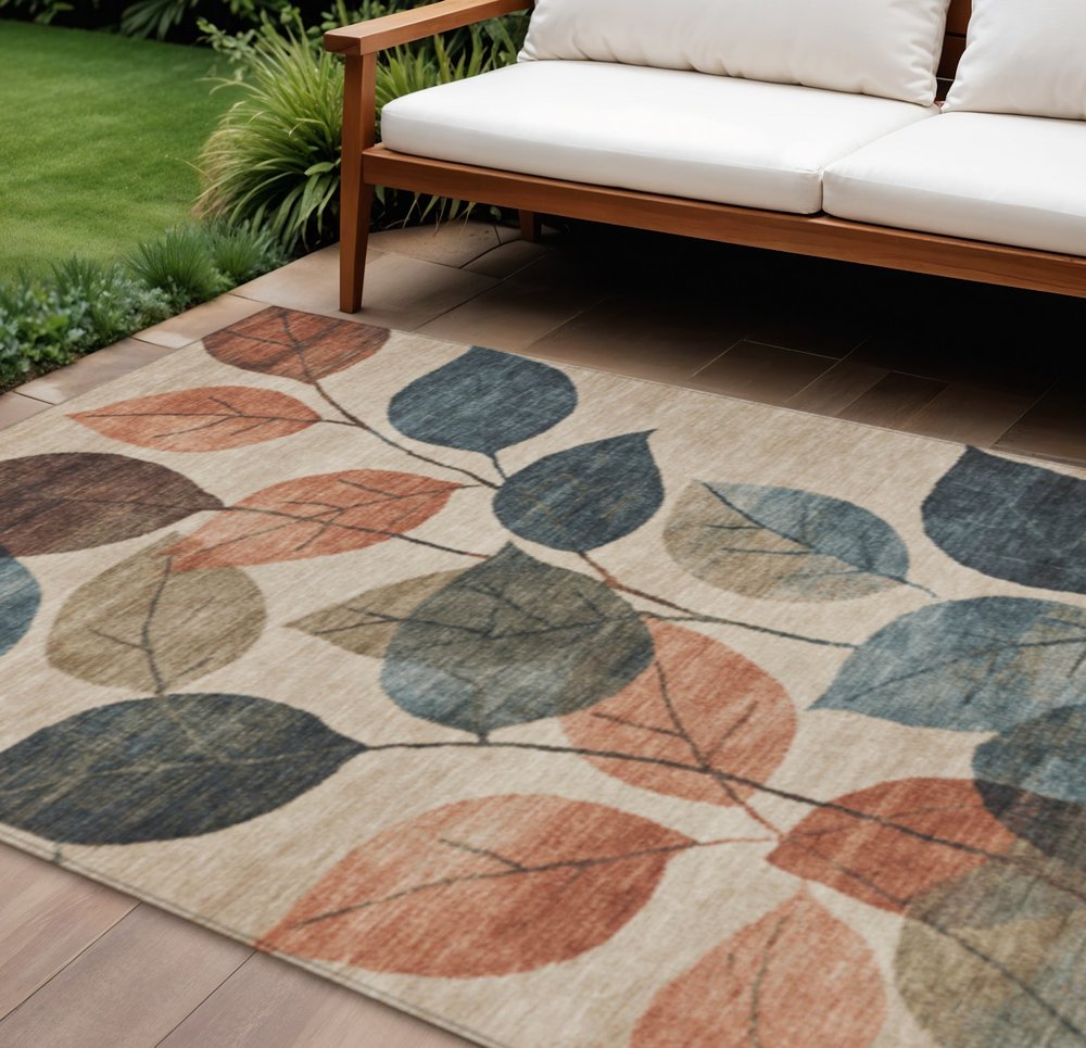 3' X 5' Beige Copper And Denim Blue Floral Washable Indoor Outdoor Area Rug