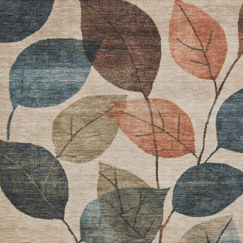 3' X 5' Beige Copper And Denim Blue Floral Washable Indoor Outdoor Area Rug