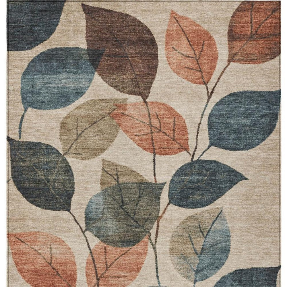 3' X 5' Beige Copper And Denim Blue Floral Washable Indoor Outdoor Area Rug