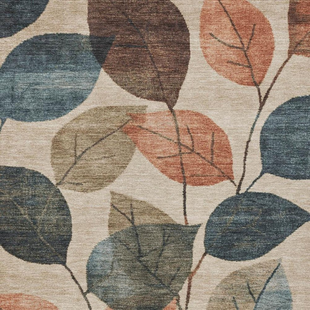 3' X 5' Beige Copper And Denim Blue Floral Washable Indoor Outdoor Area Rug