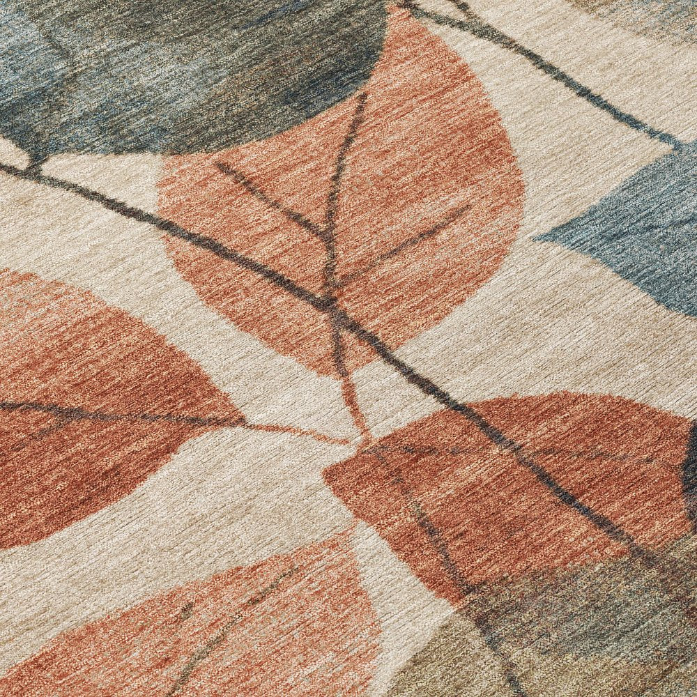 3' X 5' Beige Copper And Denim Blue Floral Washable Indoor Outdoor Area Rug